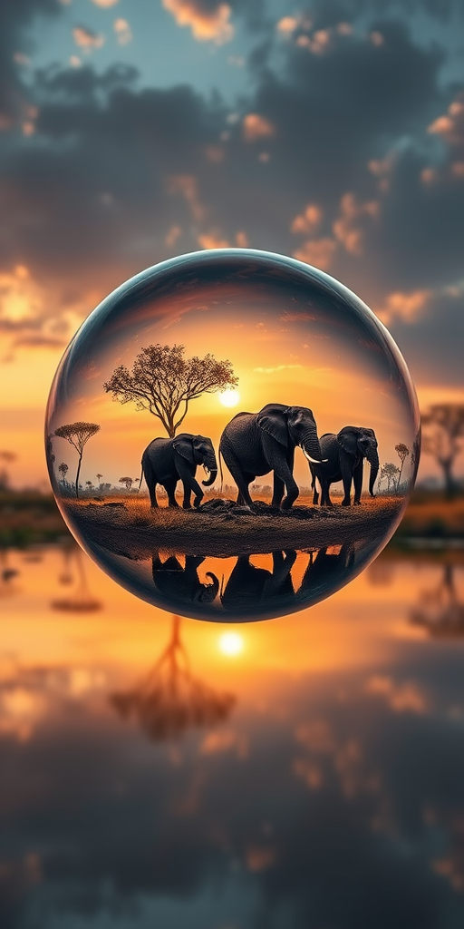 Create a surreal landscape depicting elephants by a water body under a glass globe with Earth visible, captured with a Canon EOS 5D Mark IV, 24mm f/1.4 lens, f/8 aperture, ISO 100, at sunset with a wide-angle perspective and soft focus to enhance dreamy quality.