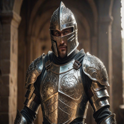 RAW photo, a candid full body hero shot from the front of a male 30 year old warrior wearing a shiny knight armor with a helmet made out of fractals, 8k uhd, dslr, soft lighting, high quality, film grain, Fujifilm XT3