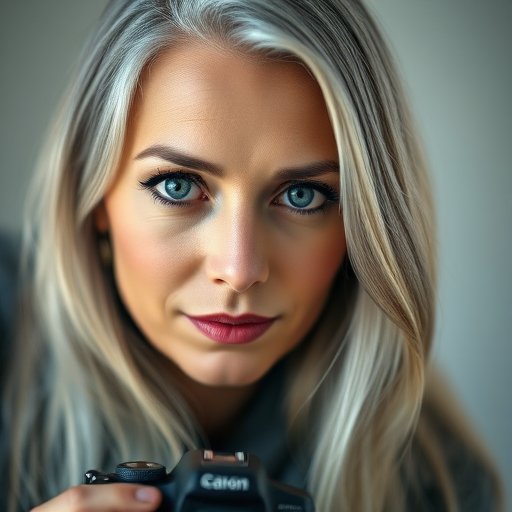 Capture a portrait of a woman with long gray hair and striking blue eyes, soft natural light, shallow depth of field, aperture f/2.8, 50mm lens, focus on the face, using a DSLR camera in a studio setting.