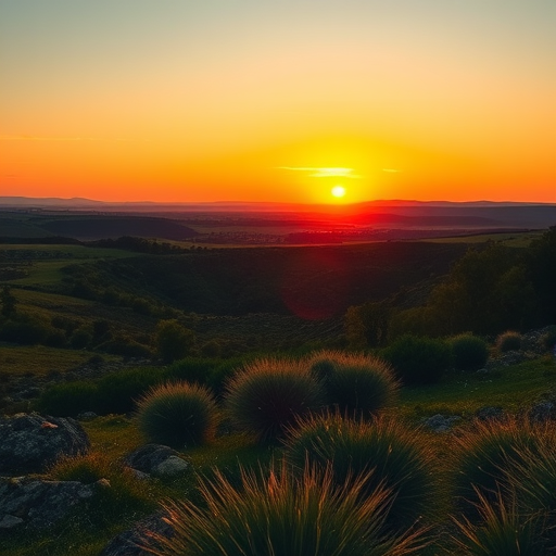 Create a high-resolution image of a scenic landscape during sunset with vibrant colors, use a DSLR camera with a 24mm lens set to f/8, ISO 100, shutter speed 1/125s, capturing a wide-angle view for depth and clarity.