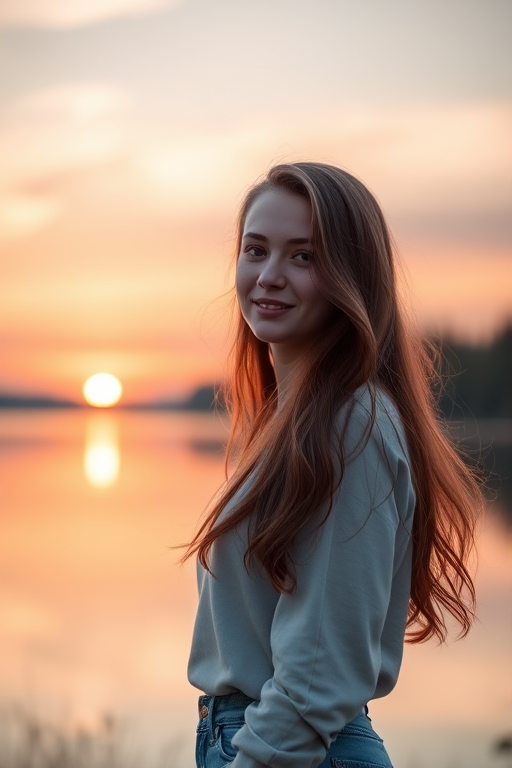 Create an image of a young woman standing near a calm lake at sunset, her long hair gently flowing, with soft pastel colors in the sky, using a DSLR camera, 50mm lens, aperture f/1.8, ISO 200, shutter speed 1/250, in portrait orientation for a shallow depth of field.