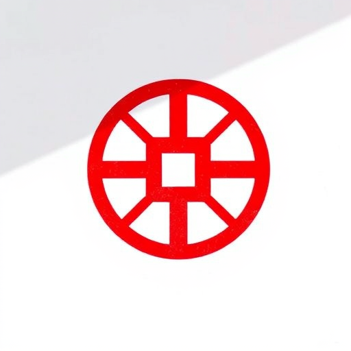Create a high-resolution image of a red circular symbol with four elongated arms extending from a central square shape on a plain white background, captured with a DSLR camera at f/8 aperture, ISO 100, and a 50mm lens in a top-down view to enhance clarity and detail.