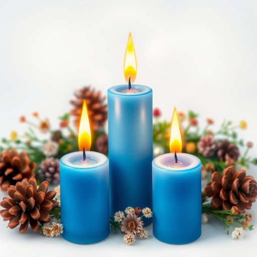 Create an artistic illustration of three blue candles with flames, surrounded by a wreath of pine cones, mistletoe, and dried flowers, with a soft focus effect, shot with a DSLR camera at f/2.8, ISO 100, and 50mm lens to enhance depth of field and color vibrancy.