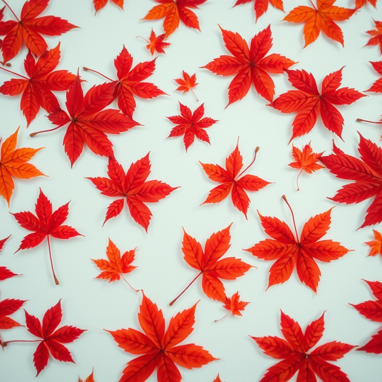 high-resolution close-up of red maple leaves scattered on a white background, f/2.8 aperture, 50mm lens, Canon DSLR, natural lighting for sharp details and vibrant colors