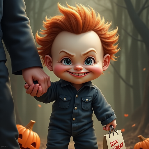 A whimsical caricature of a child version of Michael Myers, grinning mischievously. He is held by the hand of an unrecognizable person (only their hand visible), while holding a bag labeled 'Trick or Treat.' His facial expression is playful yet slightly menacing, reflecting his iconic figure. The scene is in portrait format with a Halloween theme, featuring exaggerated cartoon details like big eyes, a small body, and a creepy yet light-hearted tone.