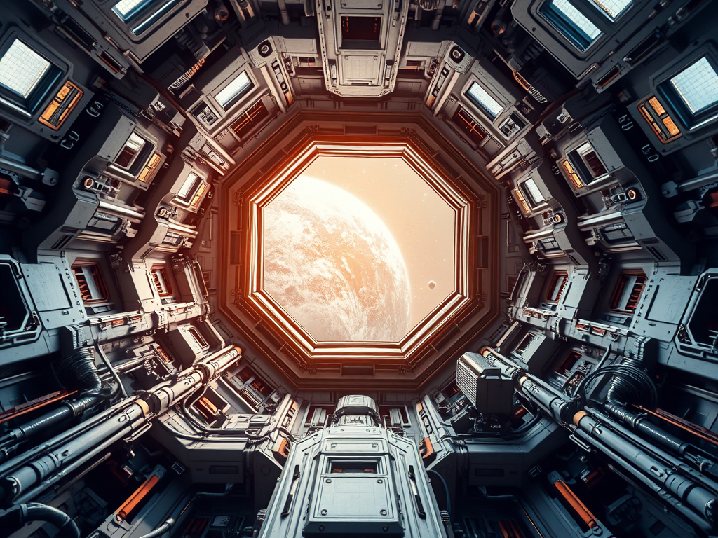 futuristic space station interior with intricate metal structures and a view of a celestial body through a large window, captured with a Canon EOS R5, 24mm f/1.4 lens, ISO 400, aperture f/5.6, low-angle shot, high dynamic range to enhance details and colors