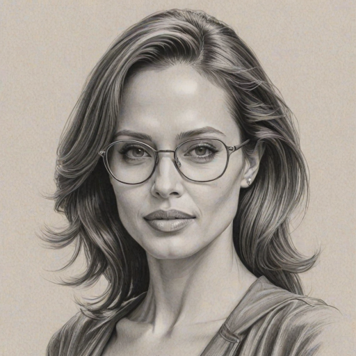 Splendid Angelina Jolie, pencil sketch, portrait of Radiant woman 1933s in glasses, hair style beatnik, outline, clear lines, fine lines, 8k