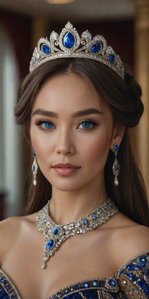 A gorgeous Kazakh woman in a luxurious brown gown, accessorized with a dazzling tiara and statement earrings, her deep blue eyes highlighted by impeccable makeup, poised in a royal setting, photorealistic, 8K quality