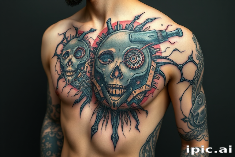 Biomechanical tattoo titled "Cybernetic Symphony" merging organic forms with mechanical components to create the illusion of exposed robotic parts beneath the skin