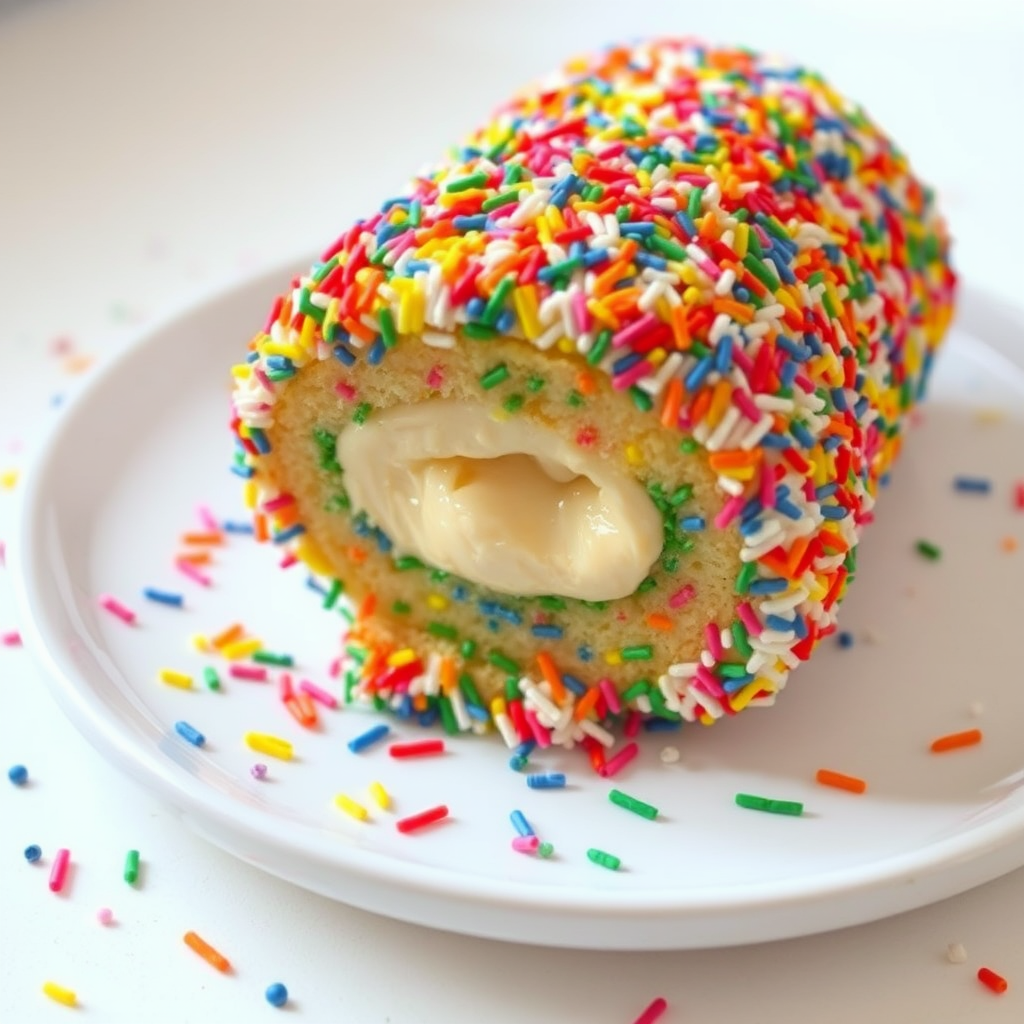 Colorful dessert roll covered in rainbow sprinkles with a creamy filling visible in the center placed on a white plate with more sprinkles scattered around and a light background.