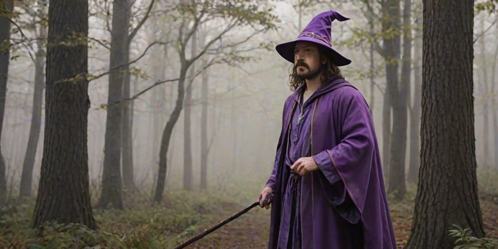 safe, sketch, 1boy, solo, male focus, mature male, wizard, long hair, brown hair, black eyes, looking at viewer, hat, facial hair, beard, mustache, staff, wizard hat, purple hat, shirt, collared shirt, robe, purple robe, cloak, holding, holding staff, upper body, standing, outdoors, forest, nature, tree, fog, dark background