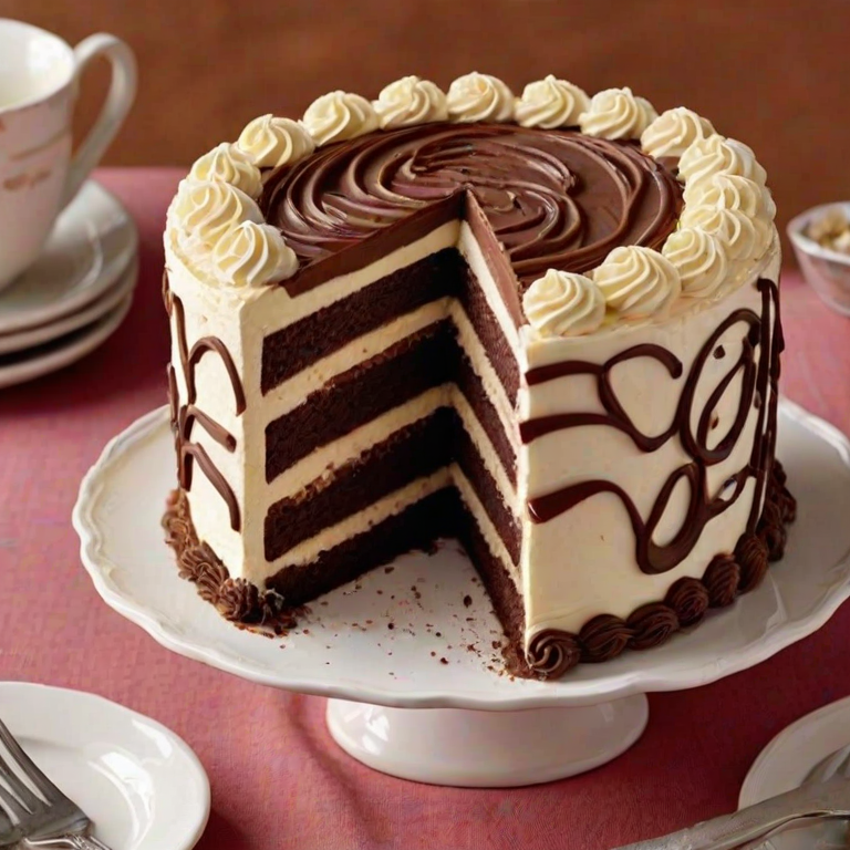 Create an image of a decadent layered cake with rich chocolate and vanilla layers. The cake should have a smooth caramel filling between the layers and be topped with elegant swirls of buttercream frosting. Include a slice cut out to reveal the layers inside, with a decorative plate and fork beside it. The setting should be bright and inviting, highlighting the texture and colors of the cake.