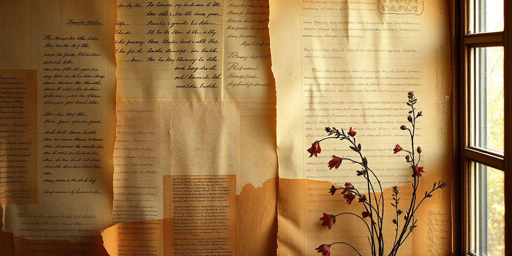 Create an ethereal vintage-style image featuring layered textures of aged parchment, faded writing, and subtle floral patterns, captured using a DSLR camera with a 50mm lens at f/2.8, ISO 100, and a warm color tone, with soft natural lighting from a side window to enhance depth and detail.