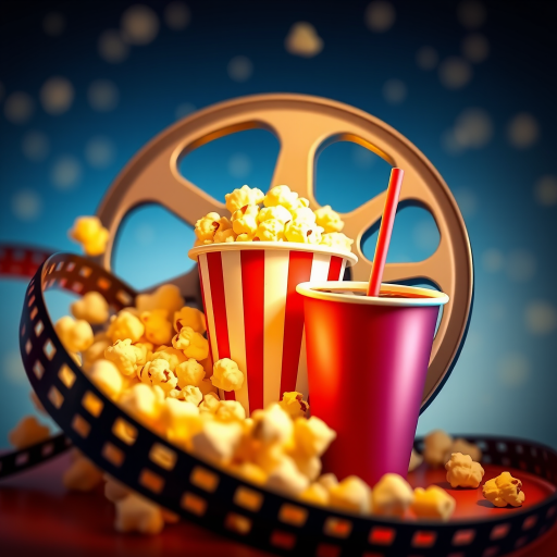 Create a vibrant digital illustration of a film reel with popcorn and a soda cup, using a DSLR camera with a 50mm lens, f/1.8 aperture, ISO 100, in macro view, emphasizing color saturation and sharp details.