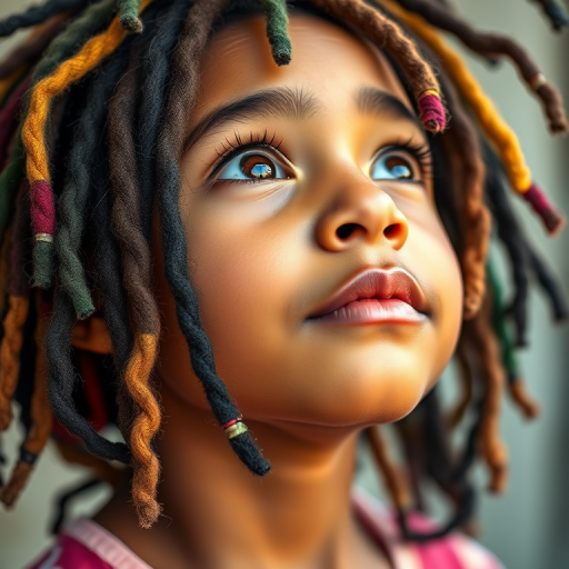 Create a portrait of a young girl with vibrant, multicolored dreadlocks, looking upward with expressive brown eyes, use a shallow depth of field, shot with a Canon EOS R5, 85mm lens, f/1.4, ISO 100, soft natural lighting for enhanced texture and detail.