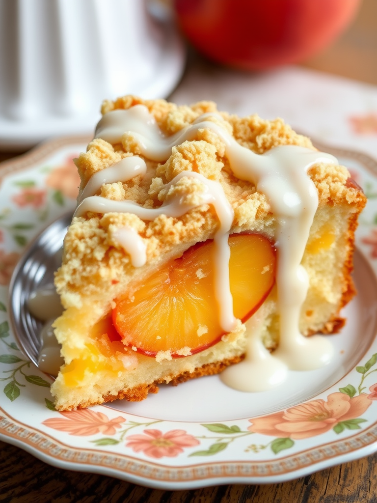 A slice of peach crumb cake on a decorative plate with a golden crust and crumbly topping drizzled with a creamy glaze showcasing juicy peach slices inside.