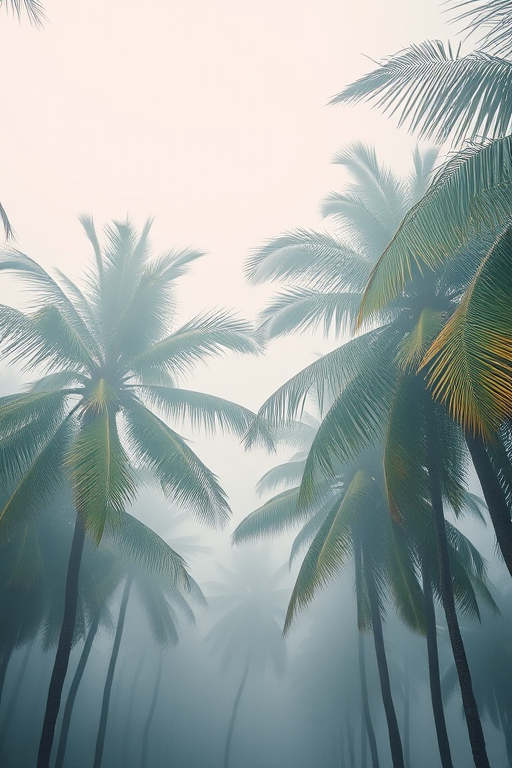 tropical palm trees in misty fog, soft focus, morning light, DSLR camera, 50mm lens, aperture f/1.8, ISO 200, shutter speed 1/250s, overhead view, natural colors, high dynamic range