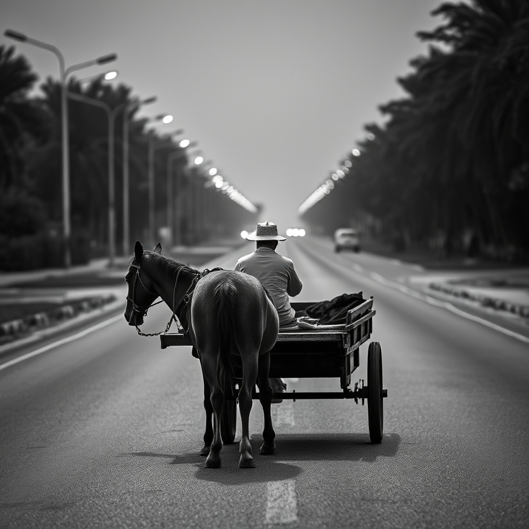 Create a high-resolution black and white image of a person sitting on a cart being pulled by a horse on an empty road with street lights and trees in the background, shot with a Canon EOS R5, 50mm f/1.8 lens, aperture at f/2.8, ISO 100, using a shallow depth of field for a soft background blur.