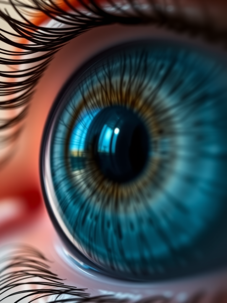 Create a high-resolution image of an eye with a detailed blue iris and a dark pupil, featuring intricate blood vessels on the sclera, captured with a Canon EOS 5D Mark IV, 100mm macro lens, f/2.8 aperture, in natural light, focusing on the iris at a 45-degree angle for added depth.