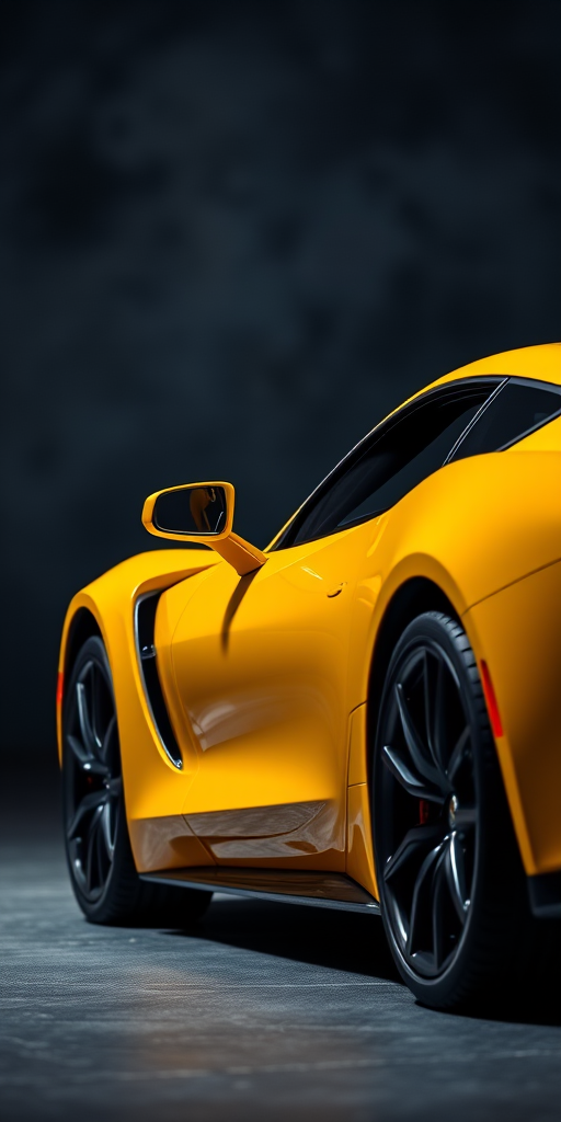Create a high-resolution side view image of a sleek yellow sports car with glossy details, set against a dark smoky background, using a DSLR camera with a 50mm lens, aperture f/1.8, ISO 100, and a soft focus style to enhance image quality and depth.