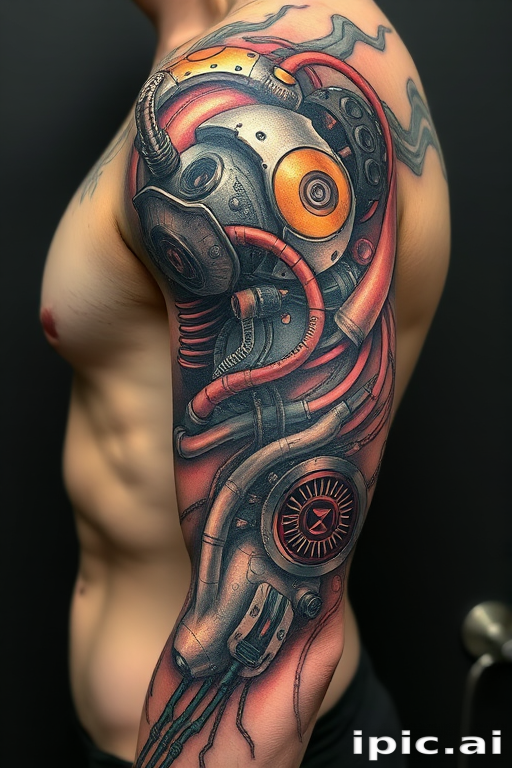 Biomechanical tattoo titled "Cybernetic Fusion" blending organic forms with mechanical components, creating the illusion of skin peeling away to reveal complex machinery and circuitry underneath, with a mix of metallic and flesh-toned colors
