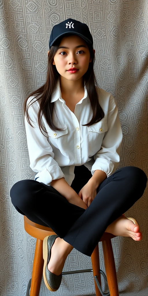 Portrait of a young woman sitting cross-legged on a stool, wearing a white shirt and black trousers with a cap, against a patterned textile backdrop, natural light, camera settings: ISO 100, f/2.8, shutter speed 1/200s, camera view: mid-shot, camera style: candid, camera type: DSLR.