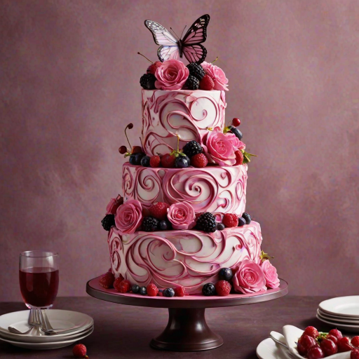 Create an image of a three-tiered cake with a textured, swirled frosting in shades of deep pink. Decorate the cake with fresh berries, vibrant flowers, and elegant butterflies. The background should be dark to create a dramatic contrast, and include a hand delicately placing a cherry on top.