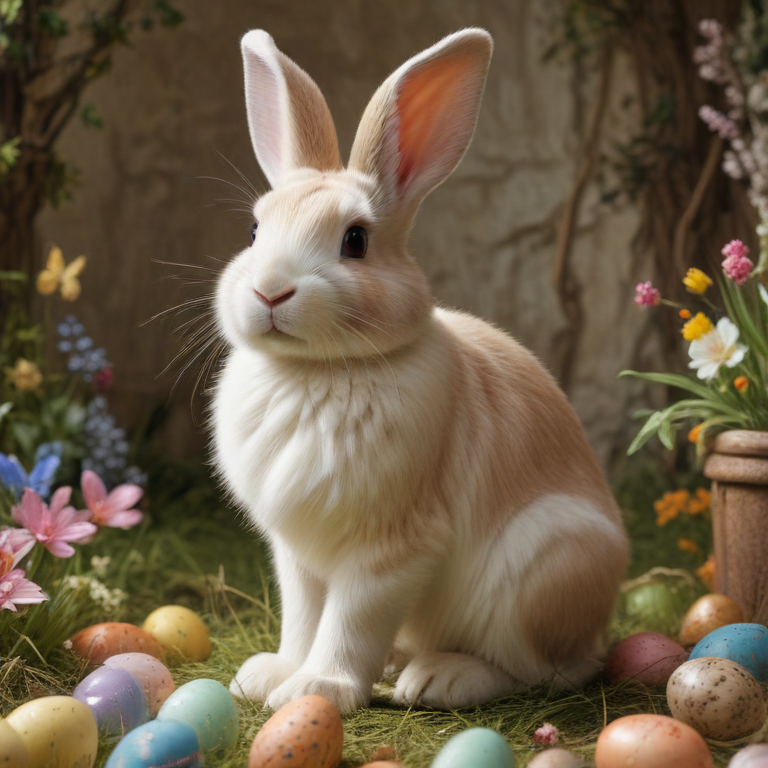 A Playful Bunny Surrounded by Colorful Easter Eggs and Flowers