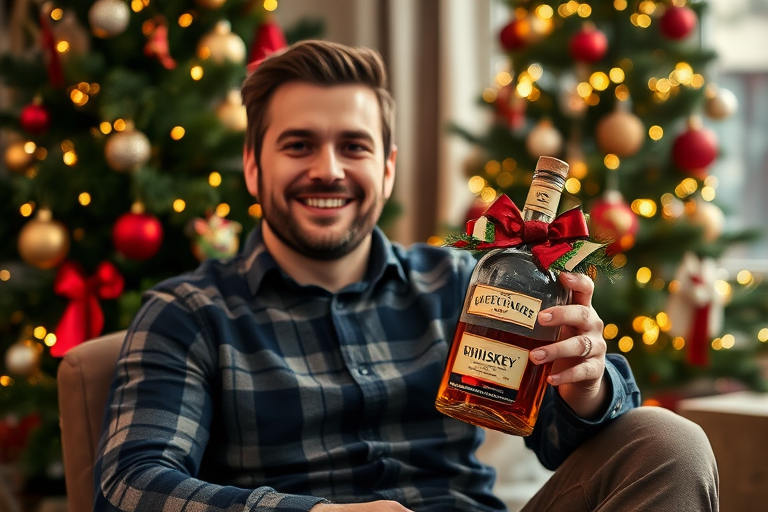 A cheerful man sitting by a Christmas tree holding a bottle of whiskey wrapped in festive paper with a bow, shallow depth of field, soft focus, 50mm f/1.8 lens, ISO 200, aperture f/2.8, natural light, portrait orientation.