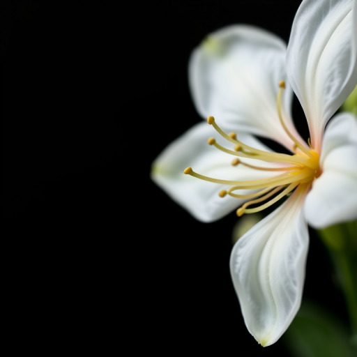 close-up shot of a white flower with buds against a dark background, aperture f/2.8, shutter speed 1/100s, ISO 200, macro lens, natural light, DSLR camera