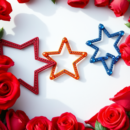 Create a vibrant image of three decorative star-shaped frames in red, orange, and blue gem styles, surrounded by bright red roses, using a DSLR camera with a 50mm lens, aperture at f/2.8, ISO 100, and in natural lighting for enhanced detail and color richness.
