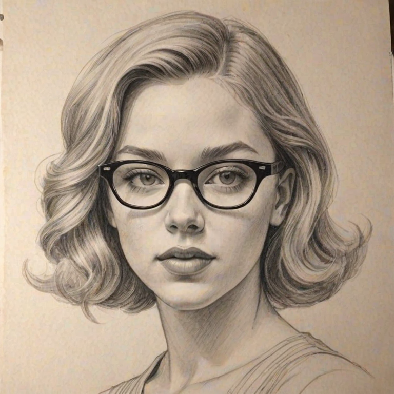 Wonderful Sydney Sweeney, pencil sketch, portrait of Alluring woman 1932s in glasses, hair style beatnik, outline, clear lines, fine lines, 8k