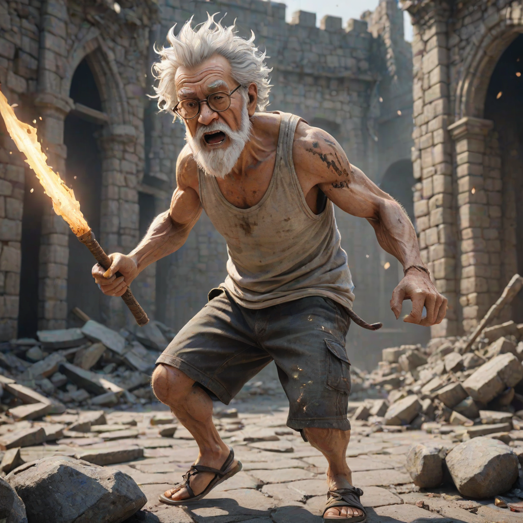 Cartoon 3D High-Resolution,dynamic battle scene using Unreal Engine 5 and Octane Render. The scene features back of an elderly, thai man with a beard,messy hair and round golden-rimmed glasses. He is wearing a tattered tank top with soot marks, shorts, and sandals. sweating. he wields a baseball bat. He jump to fight with a white fire-breathing Europe dragon amidst a partially destroyed stone castle. Include intense flames, smoke, and debris to enhance the dramatic effect.