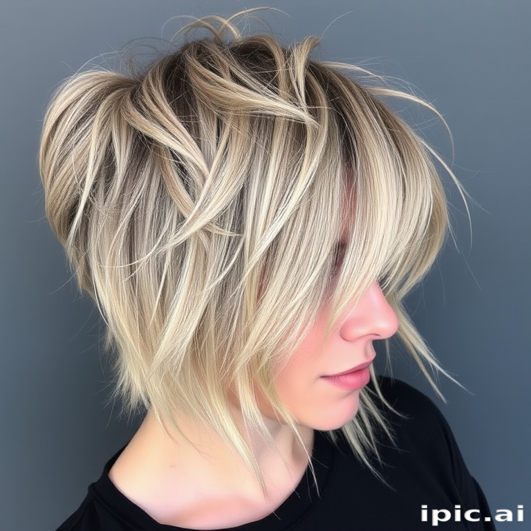 Chic ash blonde wolf cut with choppy layers and curtain bangs, styled in a messy bedhead texture for an effortlessly cool and trendy appearance