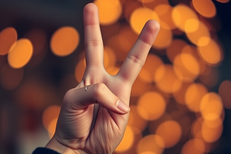 Create an image of a close-up hand making a peace sign with a blurred bokeh background, shot with a Canon EOS R5, 50mm lens, aperture f/1.8, ISO 100, using a shallow depth of field in a soft, warm lighting style.