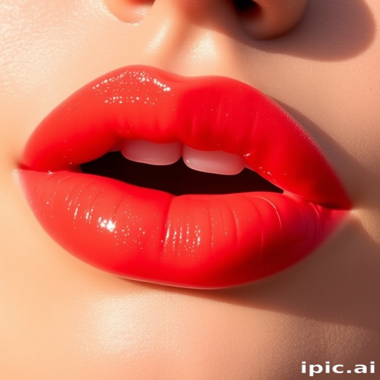 Vibrant coral sunset lips with a glossy finish, named "Tropical Oasis," feature a gradient effect and subtle shimmer, perfect for beach-inspired looks and summer evenings