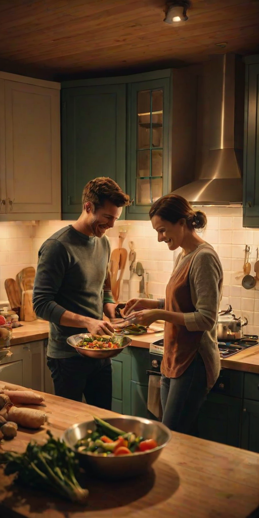 Warm, intimate image of a couple cooking dinner together in a cozy kitchen, soft glow from overhead lights casting warm shadows, the smell of saut'ing vegetables and laughter filling the space.