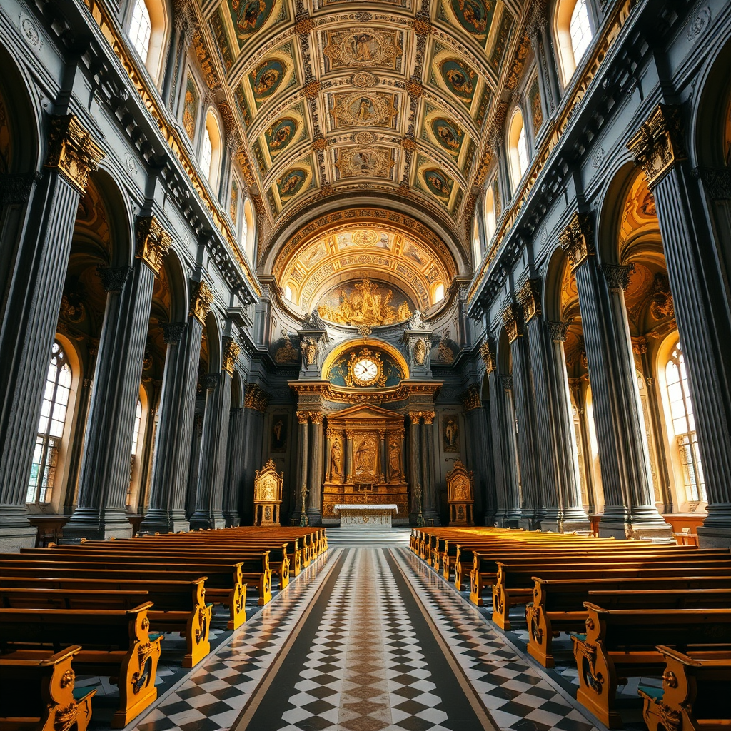 interior of a grand baroque church with ornate golden altars and benches, wide-angle view, f/8 aperture, ISO 200, 24mm lens, natural lighting, captured with a full-frame DSLR camera