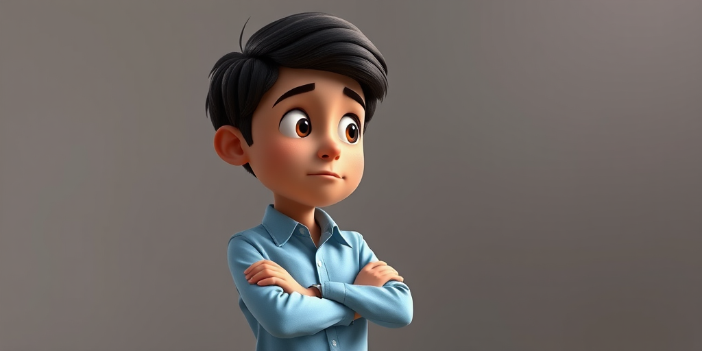 Create a high-resolution image of a thoughtful animated character in a light blue shirt, standing with arms crossed and a contemplative expression, captured with a DSLR camera at f/2.8, ISO 100, 50mm lens, in a soft light studio setting for enhanced detail and quality.