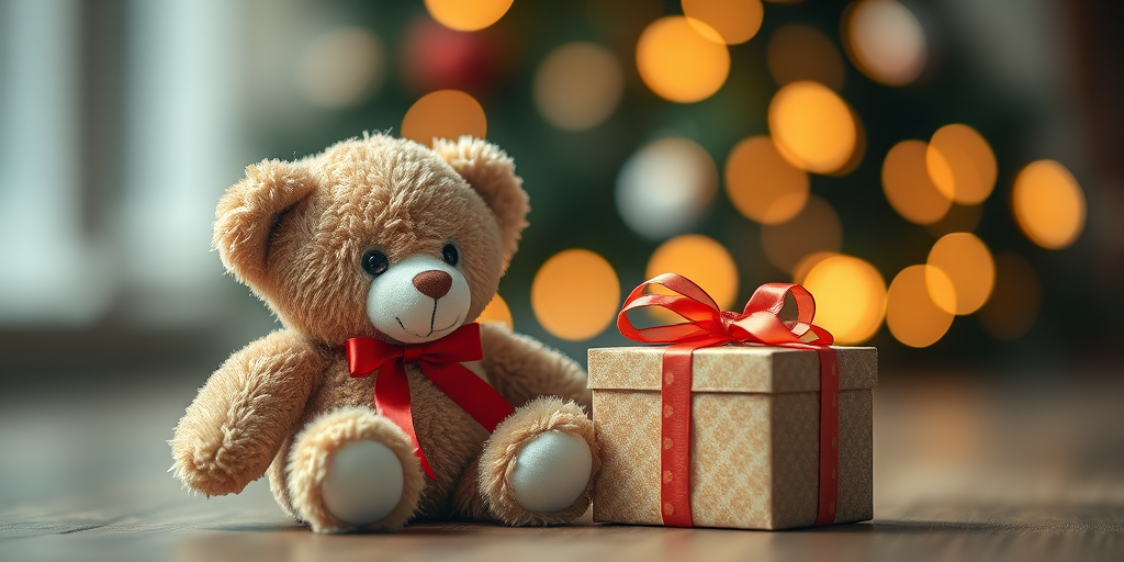 photograph a teddy bear sitting beside a small gift box with ribbons in a softly blurred background with bokeh lights, using a Canon EOS R5 with a 50mm f/1.2 lens, aperture set to f/1.8, ISO 200, shutter speed 1/125 sec, natural lighting, soft focus style
