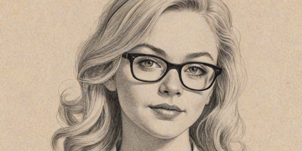 Magnificent Emily Kinney, pencil sketch, portrait of Elegant woman 1953s in glasses, hair style beatnik, outline, clear lines, fine lines, 8k