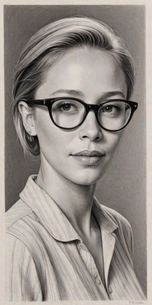 Beauteous Liza Weil, pencil sketch, portrait of Resplendent woman 1956s in glasses, hair style beatnik, outline, clear lines, fine lines, 8k