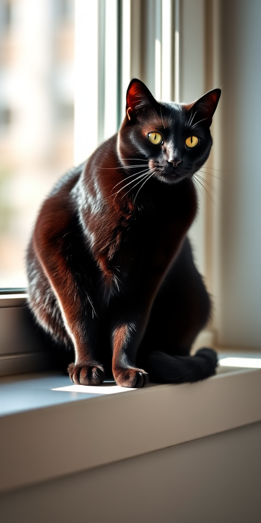 Generate an image of a sleek black cat sitting gracefully on a windowsill with soft sunlight illuminating its fur, using a Canon EOS R5 camera, 50mm f/1.2 lens, aperture f/1.8, ISO 100, natural light, shallow depth of field, and a portrait orientation.