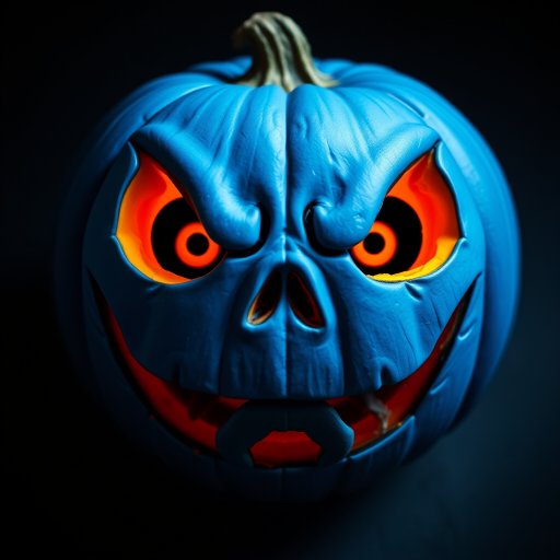 Create a menacing blue pumpkin with sharp eyes and a sinister grin, captured with a DSLR camera at f/2.8, ISO 100, 50mm lens, top-down view, high contrast lighting, and vibrant colors.