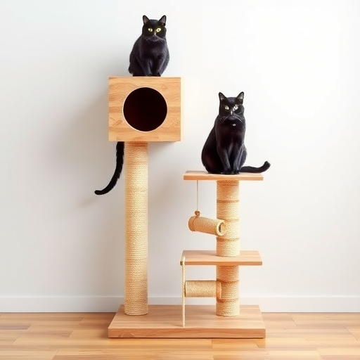 create a digital illustration of a modern cat tree with two black cats, using a wide-angle lens, f/8 aperture, ISO 100, studio lighting, and a flat lay perspective for enhanced detail and clarity.