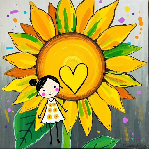 Stylized impressionism painting of a large sunflower with an oversized center and colorful petals. Beside, a young female character with eyes represented by dots and a mouth by a line, pink cheeks, hair attached, arms and legs a black line, flowery white dress triangle shape. A yellow heart surrounded by a black line between the two. Textured background with touches of colorful paint. Childish style.