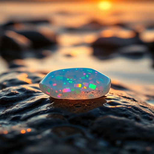 Capture a close-up image of an iridescent opal stone resting on a wet rock by the water's edge at sunset, with a shallow depth of field to highlight the gem's vibrant colors and reflections, using a DSLR camera, 85mm lens, f/1.8 aperture, ISO 100, and a shutter speed of 1/200 sec.