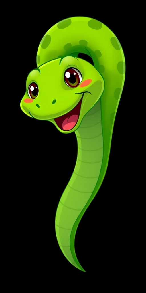 Generate a cartoon-style illustration of a vibrant green snake with a playful expression on a solid black background, using a Canon EOS R5 camera with a 50mm f/1.2 lens, shot at ISO 100, aperture f/2, and a shallow depth of field for enhanced image quality.