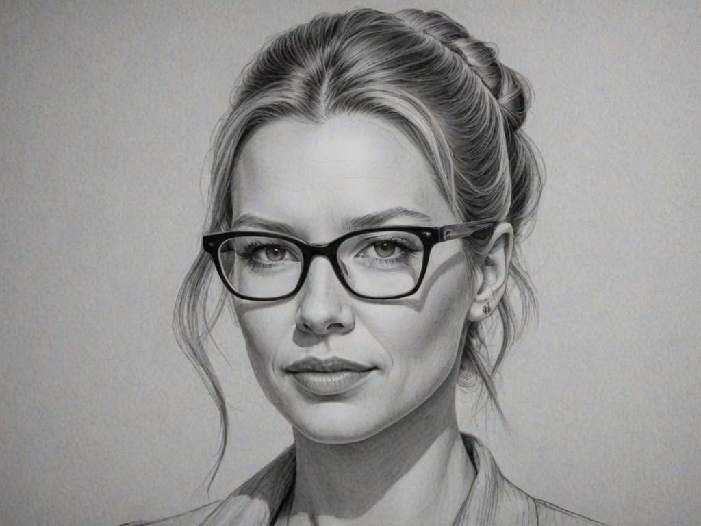 Resplendent Anna Torv, pencil sketch, portrait of Exquisite woman 1961s in glasses, hair style beatnik, outline, clear lines, fine lines, 8k