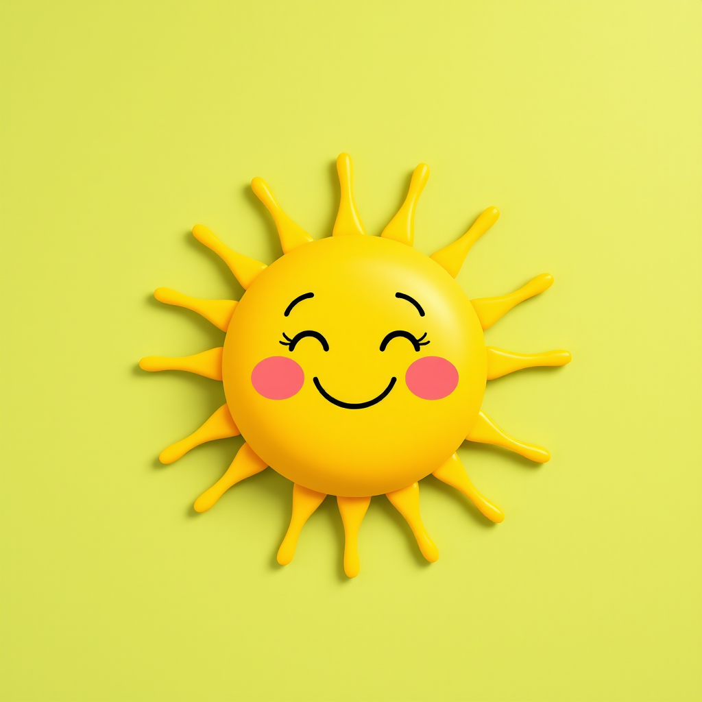 create a cheerful cartoon sun with a smiling face and pink cheeks surrounded by soft, creamy yellow rays on a muted green background using a Canon EOS R5 with a 50mm f/1.2 lens, aperture set to f/2.8, in a flat lay style with vibrant colors.
